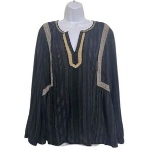 J Jill Tunic Top Striped Bohemian Embroidered‎ V Neck Blouse XL